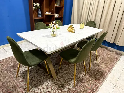 Modern Marble-Top Dining Table with 6 Green Velvet Chairs
