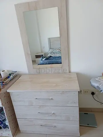 Light Wood 3-Drawer Dresser with Mirror + Queen size bed and side drawer set