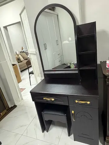 Wooden Dressing Table with Mirror and Storage - Dark Finish