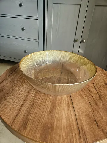 Glass decorative bowl with textured gold rim like new