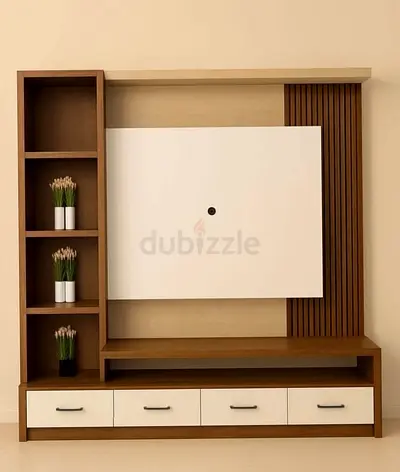 Wooden TV Entertainment Unit with Shelves and Drawers