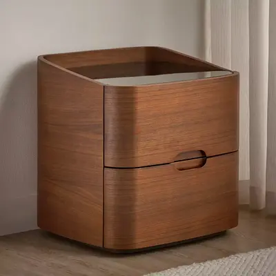 Solid Wood Rounded Nightstand with Two Drawers — Walnut