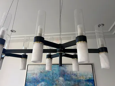 Modern Black Metal Chandelier with Glass  Marble Accents - 8 Lights