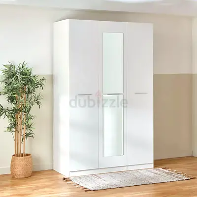 Modern White 3-Door Wardrobe with Mirrored Middle Section