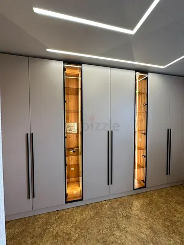 Large Built-in Wardrobe with Glass Display Panels and LED Lighting