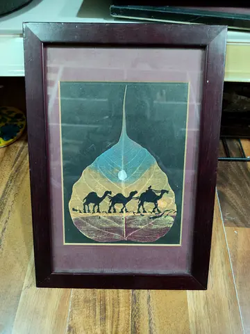 Framed Leaf Art with Camel Caravan Silhouette 29*20cm
