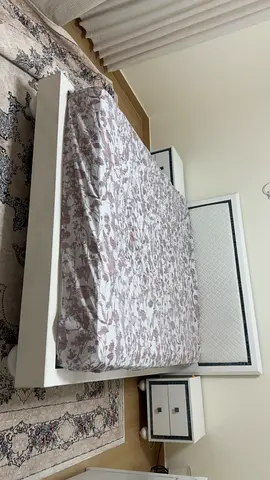 White wooden double bed frame with headboard and two bedside tables (good condition)