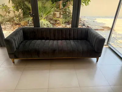3-seater Velvet Sofa — Dark Grey, Modern Channel-Tufted