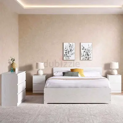 Modern White Bedroom Set with Bed Frame, Nightstands, and Dresser