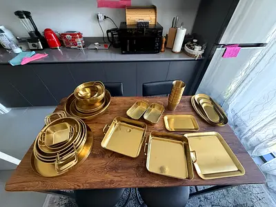 Set of Gold-Colored Metal Serving Trays and Dishes - Various Sizes ,78 pieces