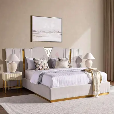 Modern Upholstered Bed Set with Gold Accents
