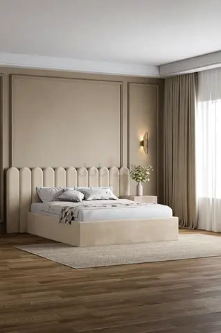 Beige Upholstered Double Bed with Headboard