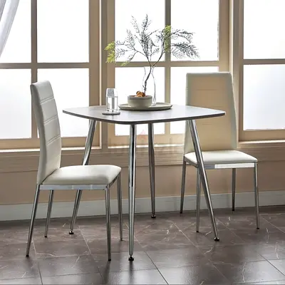 Compact modern dining table with 2 chairs - grey cloth  silver/chrome legs