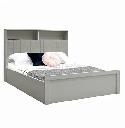 2 bedframes from Homebox Grey Wooden Single Bed with Storage Headboard and charging points.