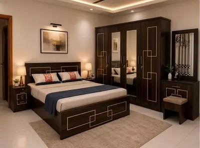 Complete 6-Piece Dark Wood Bedroom Set with Wardrobe and Dressing Table