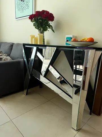 Mirrored Glass Console Table with Geometric Frame