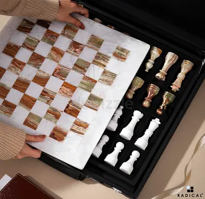 Brand New Chess Board Premium Handmade Onyx Marble + Storage Case