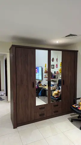 Dark Wood 5-Door Wardrobe with Mirror - Good Condition
