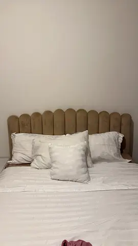 Queen Size Beige Velvet Bed with Mattress and Dormeo Topper