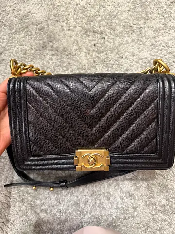 Chanel Boy Medium Chevron Caviar Black Flap Bag