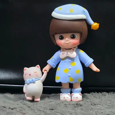 ​Collectible Pajama Girl Figurine Set with Cat Companion  Accessories Popmart Figure
