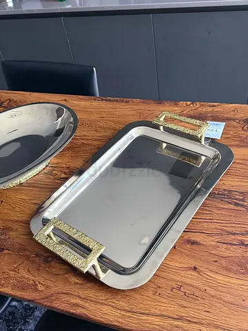 Stainless Steel Decorative Serving Trays with Gold Handles (Set)