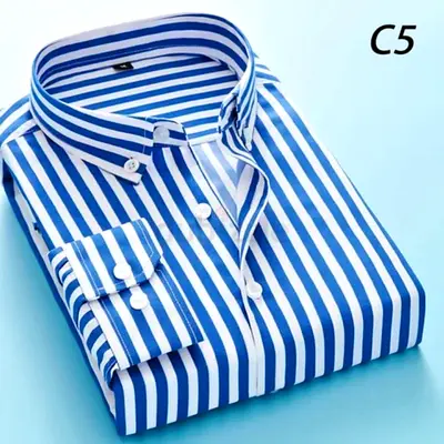 Blue and White Striped Long-Sleeve Men’s Dress Shirt — Size large silm Fit (8 pcs are available)
