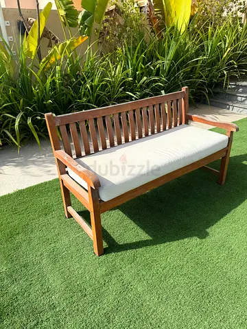 Wooden Garden Bench with White Cushion