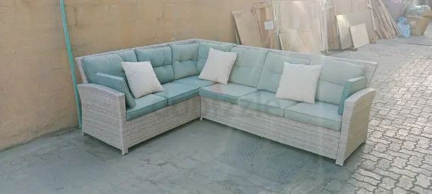 L-shaped Outdoor Rattan Corner Sofa with Cushions — Light Grey