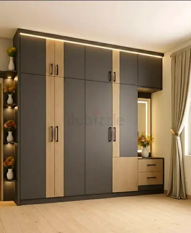 Modern Two-Tone Wardrobe with Built-in Vanity and LED Lighting