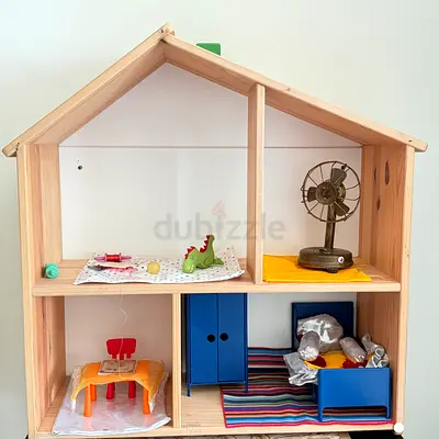 Wooden Dollhouse with Furniture - flawless IKea - with bedset ,almirah , Fan , table chair- toys