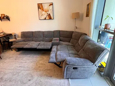 Large L-shaped reclining sectional sofa - grey, good condition