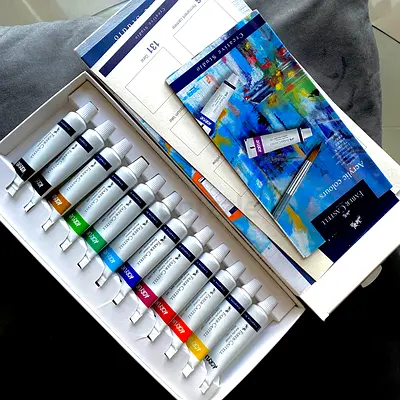 Set of New Acrylic Paint Tubes with Palette and Paper Pad