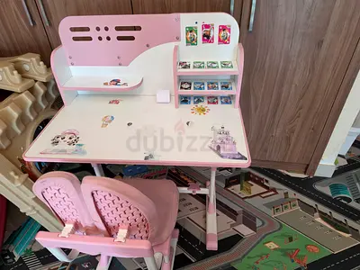Childrens Study Desk and Chair Set in Pink and White