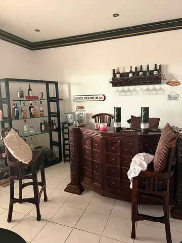 Solid Wood bar with 4 Chairs and Matching Sideboard shelves for drinks