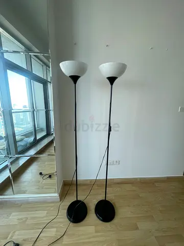 Pair of Tall Black Floor Lamps with White  glass Shades - Good Working Condition