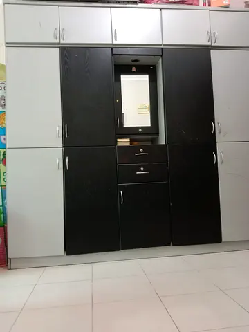 Large Black  White Wardrobe with Mirror and Overhead Storage