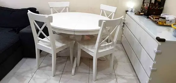 White Wooden Round Dining Table with 4 Chairs - Good Condition