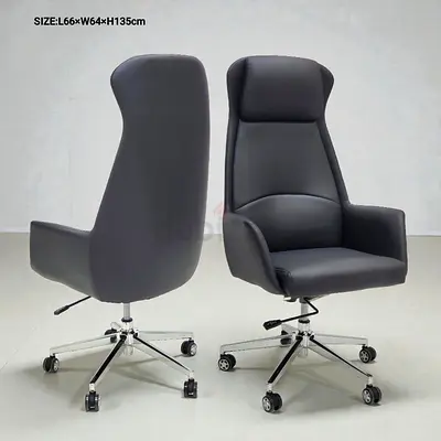 High-Back Executive Office Chair with Wheels - Grey Leatherette