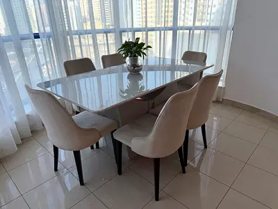 6-Seater Marble Top Dining Table with Upholstered Chairs - Excellent Condition