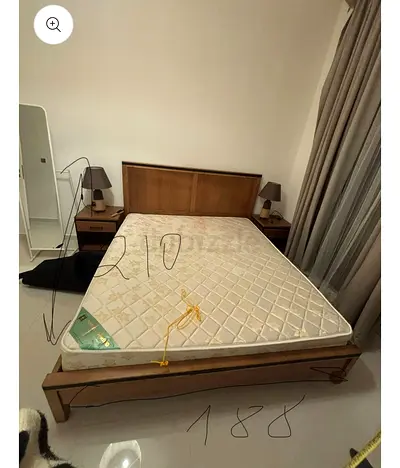 Wooden Double Bed Frame with Mattress and Two Bedside Tables - Good Condition