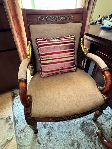 2 Ornate Wooden Accent Chair with Beige Upholstery with coffee table
