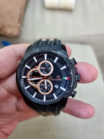 TACHINNI Italian Black Mens Chronograph Watch with Rose Gold Subdials