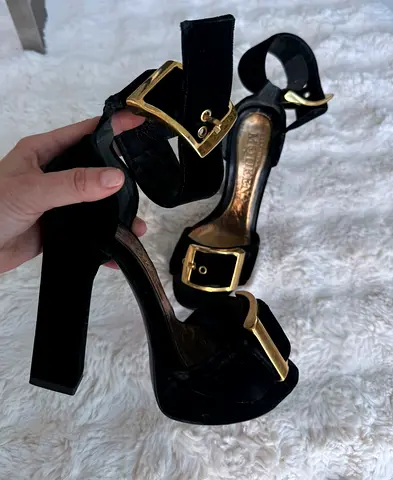 Black Velvet High Heel Sandals with Gold Buckles (Size info in photos)