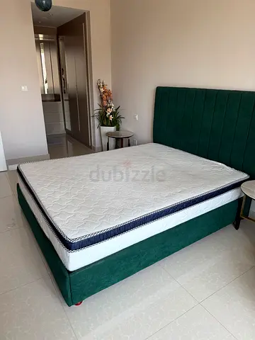 Green Upholstered Queen Bed Frame with mattress - Good Condition