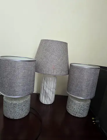 Set of 3 Table Lamps with Stone Bases and Grey Fabric Shades