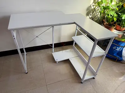 Compact L-shaped White Study/Computer Desk with Shelves