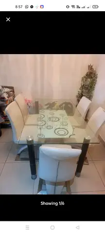 Free glass dining table of 6 premium leather off white chairs+4 chairs etc with washable removable c