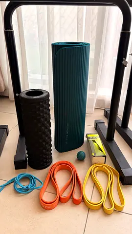 Assorted Yoga  Recovery Gear — dips bar, Mat, Foam Roller, Bands, Massage Ball