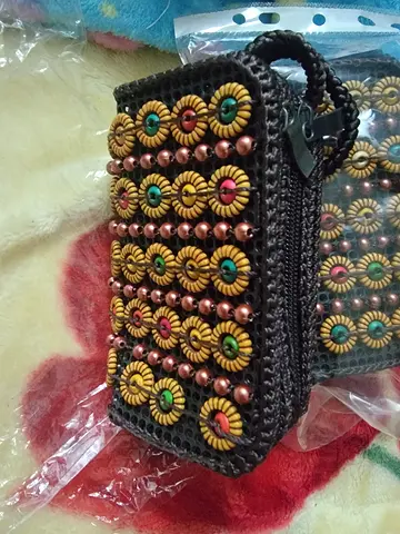 Handmade Beaded Clutch Bag — Brown Crochet with Colorful Beads